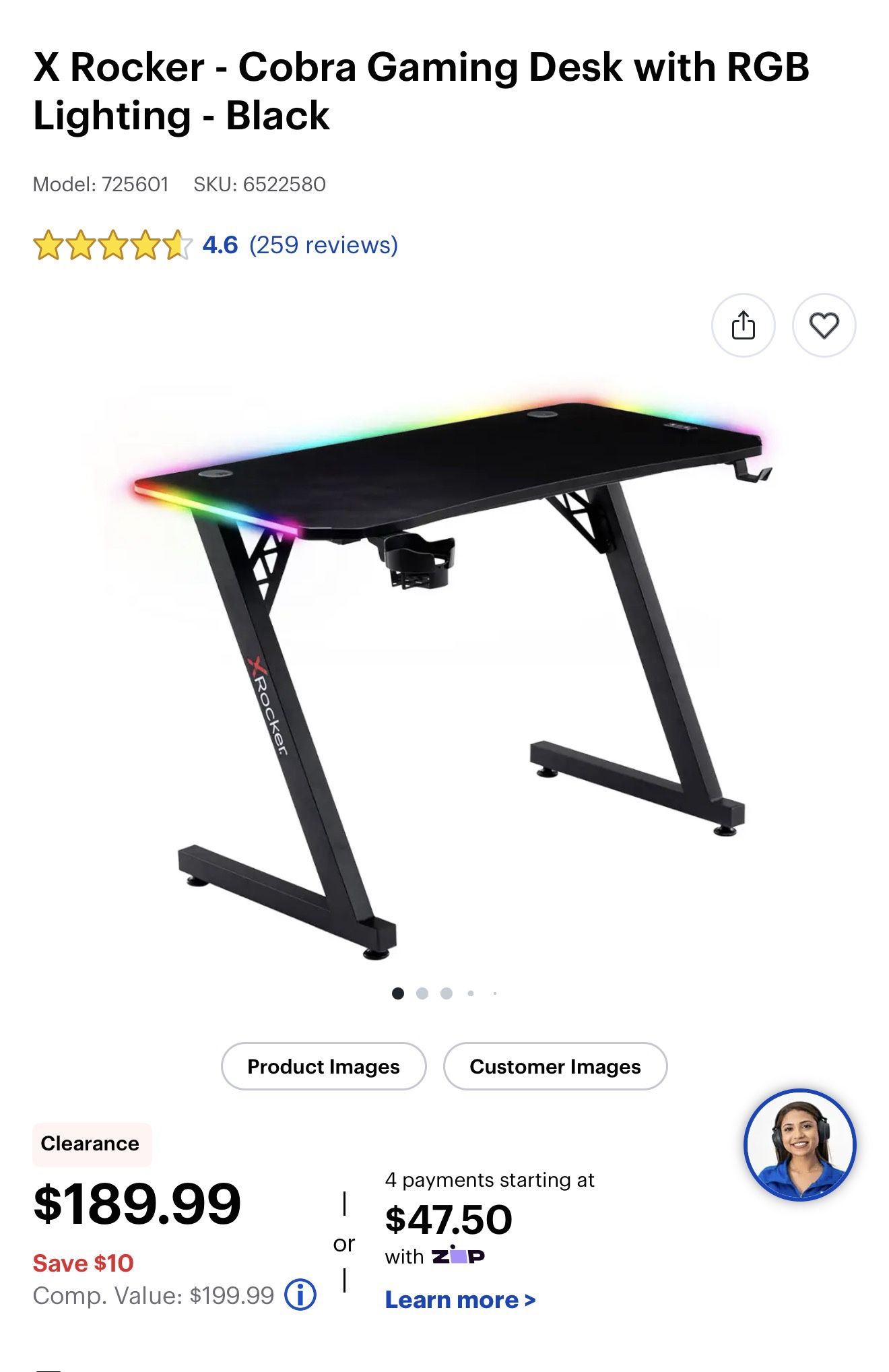 X Rocker - Cobra Gaming Desk with RGB Lighting - Black