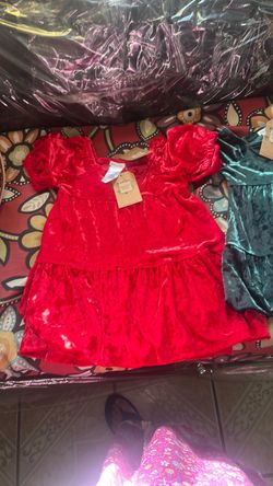 Red Velvet Girls Dress with Puff Sleeves. Red dress size 3T green dress 18 months and cream off white dress 12 months