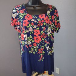 Susan Graver Blue Short Sleeve Floral Patterned Blouse Size Small

