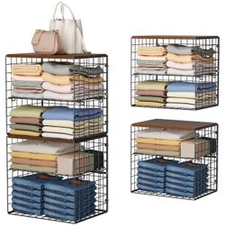 Closet Organizers and Storage Shelves, Closet Storage Basket with Wood Tops, Adjustable Height Dividers Closet Storage Bins for Home Closet Organizer 