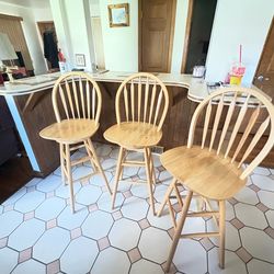 Set of 3 Solid Wood, Arrow-Back Swivel  Counter Stools - Natural Finish, Excellent Condition
