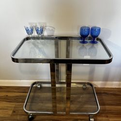 milo baughman style chrome and glass bar cart 