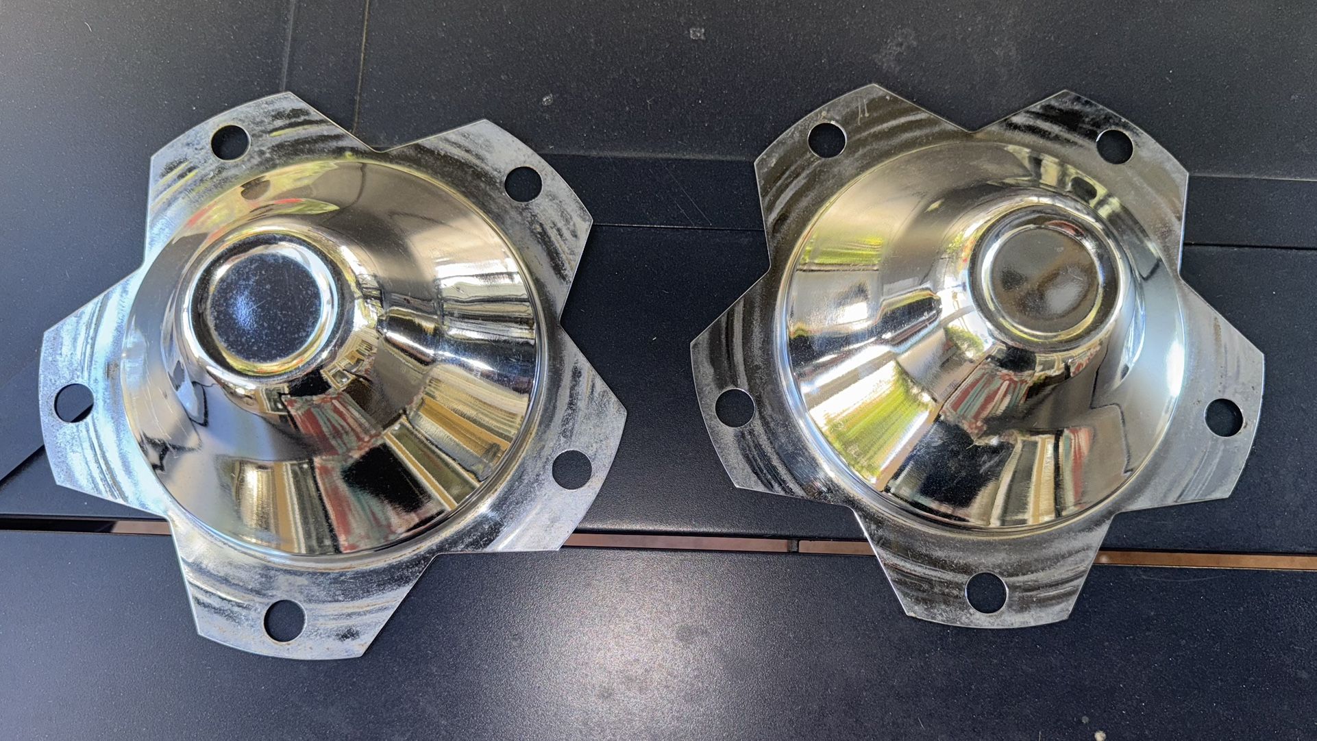 Empi Chrome 5x205 Wide 5 Center Cap PAIR for Beetle Ghia Thing Baja Rail Manx Vw