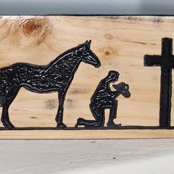 Cowboy Tribute: Hand - Carved Cowboy and Cross Sign