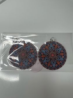 Multicolor Mandala Round Wood Dangle Earrings Hook for Lobe No Stone
