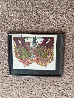 1969 Framed Drawing Person Hanging Upside Down Autumn Tree Colorful Leaves