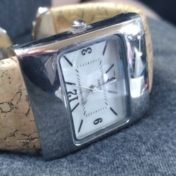 Square Silver Watch with Leather Cuff
