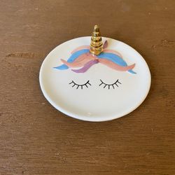 Unicorn Gold Horn Painted Face Ceramic Trinket Tray Jewelry Ring Holder Gift
