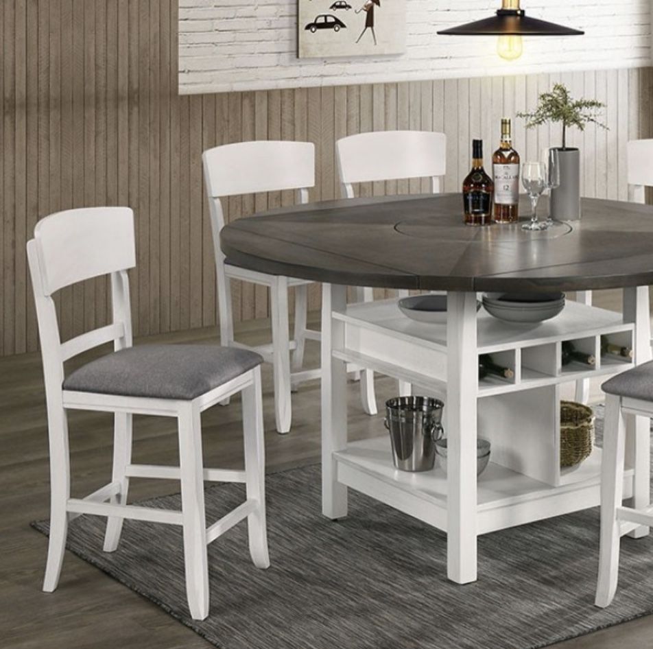 Counter Height White And Grey Round Dining Set Table Has Storage Shelves And Wine Rack Lazy Susan Brand New In Box Firm Price $899
