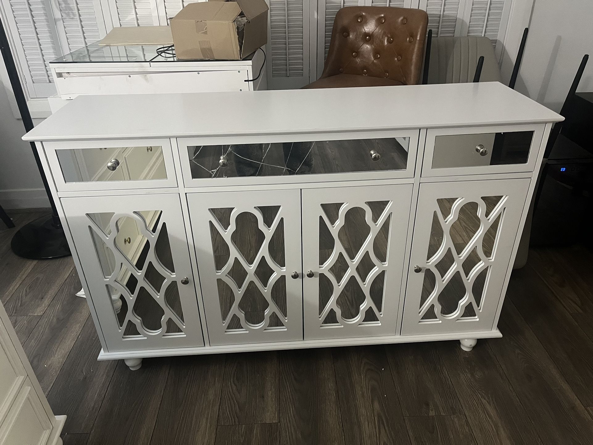 55”W Glass Sideboard with Glass Doors and Shelves, Mirrored Storage Cabinet with 3 Drawers, Credenza Buffet with Wooden Legs, for Living Room White