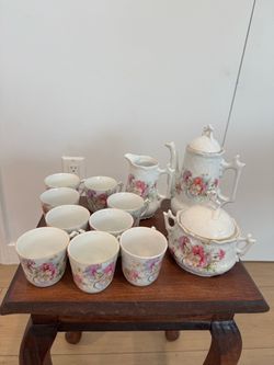 Vintage French Porcelain Tea Set Floral Gold Trim 9 Cups Teapot, Creamer and Sugar Bowl