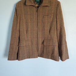 Ralph Lauren Wool Jacket Womens 8 Brown Houndstooth Plaid Equestrian Riding Zip