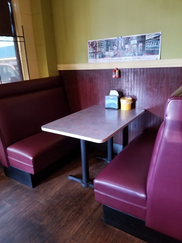 Restaurant dining tables, booth, chairs