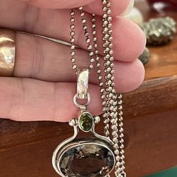 Vintage Smokey Topaz And Peridot Sterling Silver Pendant Necklace 
