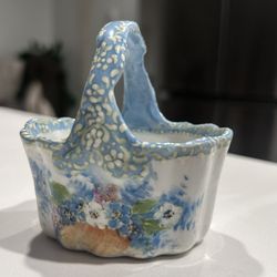 Mini Vintage Hand Painted Ceramic Basket Blue Floral Cottage Decor