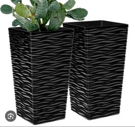 2 Pack Tall Planters,16.5 Inch Square Tapered Flower Pots Outdoor Indoor Tree Planter, Modern Wavy Finish Decorative Planters for Front Porch Home Gar