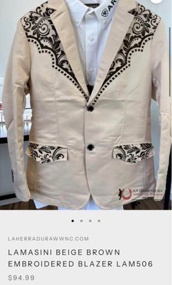 Lamasini Beige Brown Embroidered Western Blazer