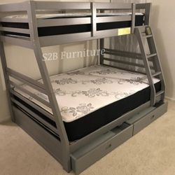 Twin Full Size Grey Bunkbed With Orthopedic Mattress 