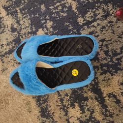 Blue Faux Fur Wedge Sandals Open Heel Open Toe 