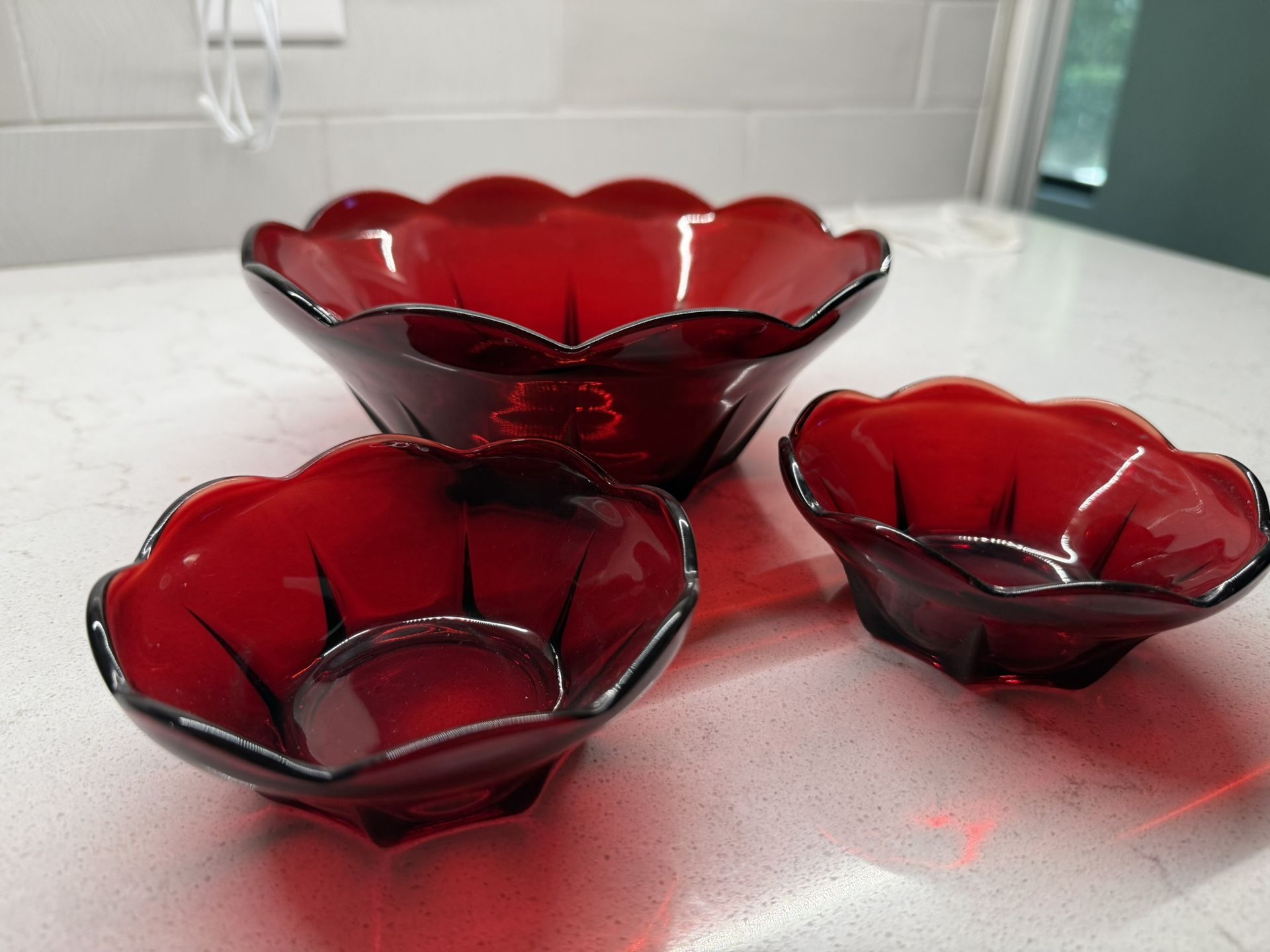 Vintage Anchor Hocking Royal Ruby Red Glass Berry Bowls Scalloped Ruffle Edge