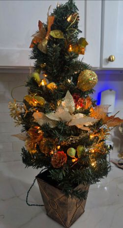 Small Vintage Faux Decorated Christmas Tree 12" Pre Lit/ With Garden Ornaments