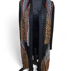 La Vanya Black Leopard Print and Lace Detailed Long Cardigan Size 1X