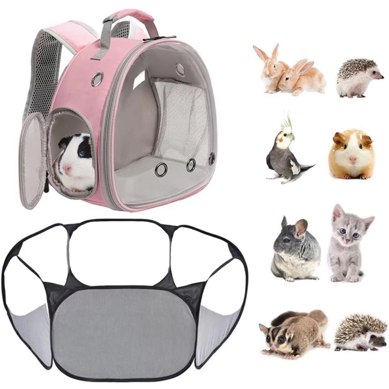 2-Pack Guinea Pig Carrier Backpack and Playpen Set - Breathable Pet Playpen Pop Open Outdoor/Indoor Exercise Fence, Portable Small Animal Backpack for
