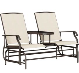 2-Seater Glider Bench w/Table for Outdoor, Glider Rocker for Porch/Patio, Beige