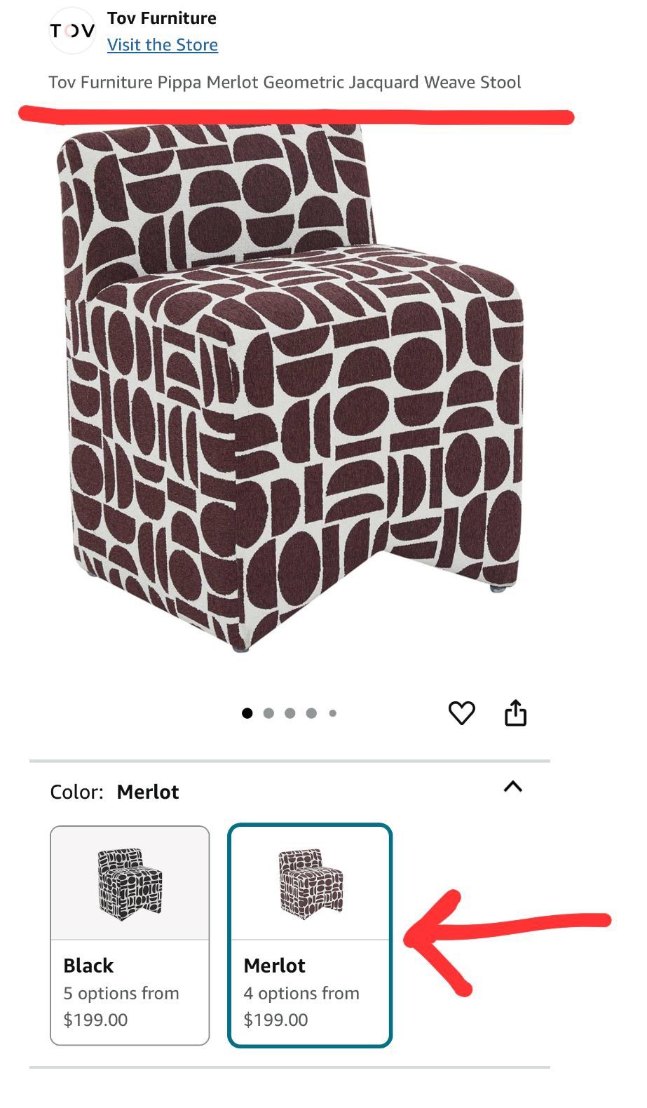 Tov Furniture Pippa Merlot Geometric Jacquard Weave Stool - Chair