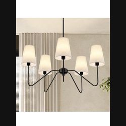 5-Light Modern Chandeliers, Pendant Lights Fixture with Linen Beige Fabric Shade for Living Room Dining Room Bedroom Hallway Entryway, Height Adjustab