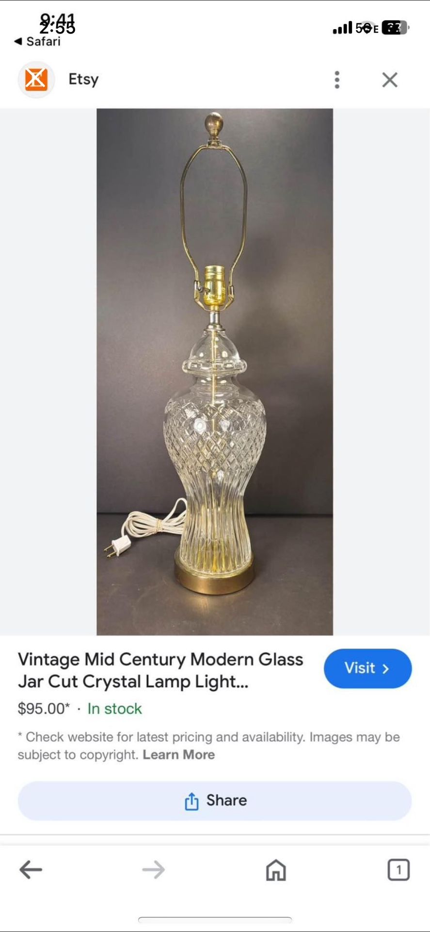 Vintage Mid Century Glass Cut Crystal Lamp