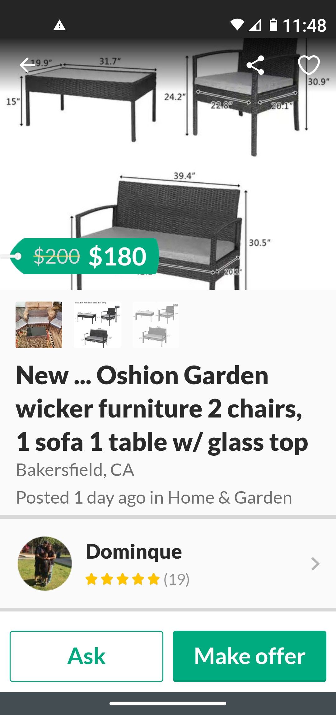 Oshion outdoor furniture 2 chairs 1 sofa with glad table top