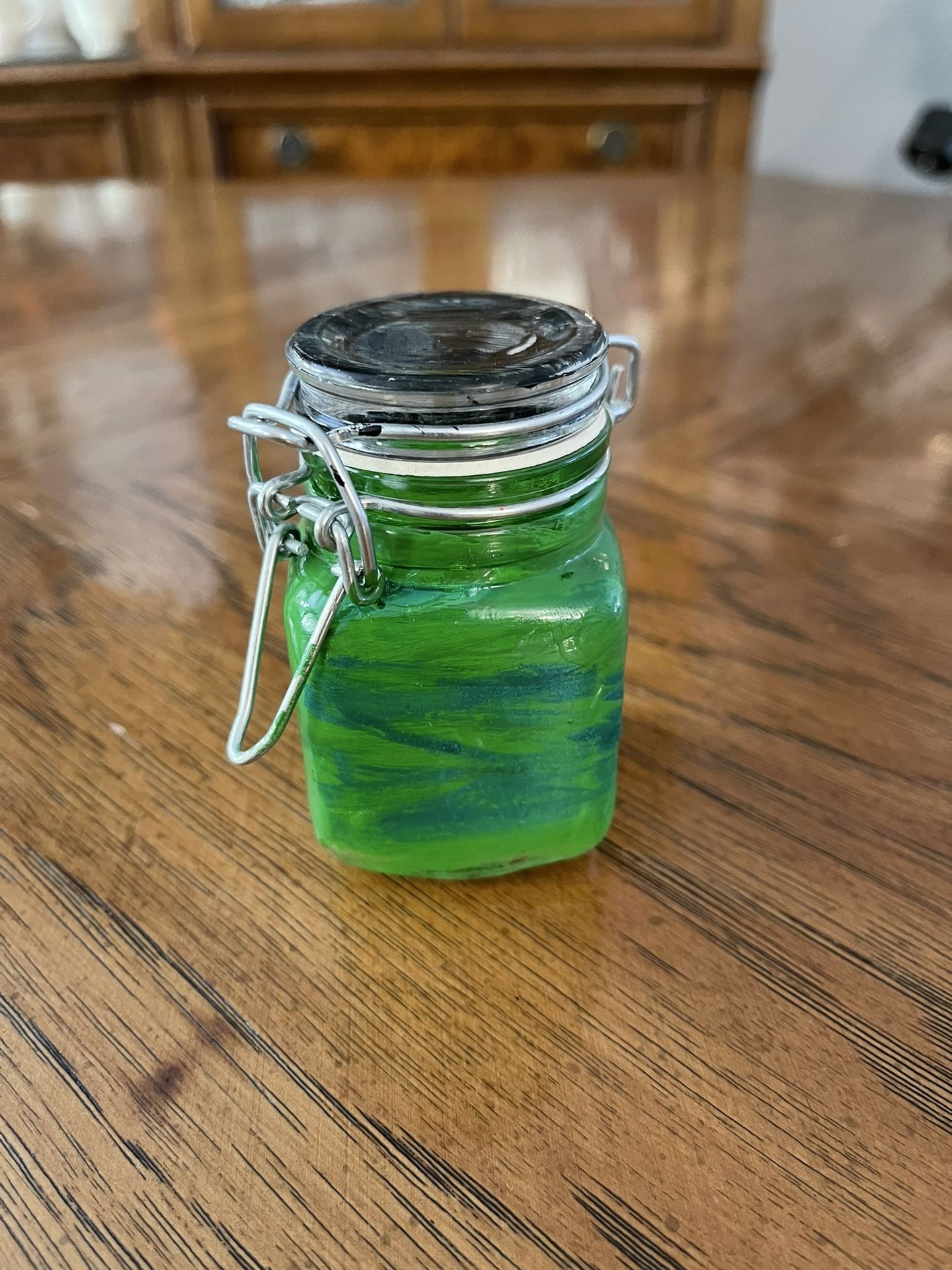 Cute Little Green and Black Hand Painted Sealable Glass Jar