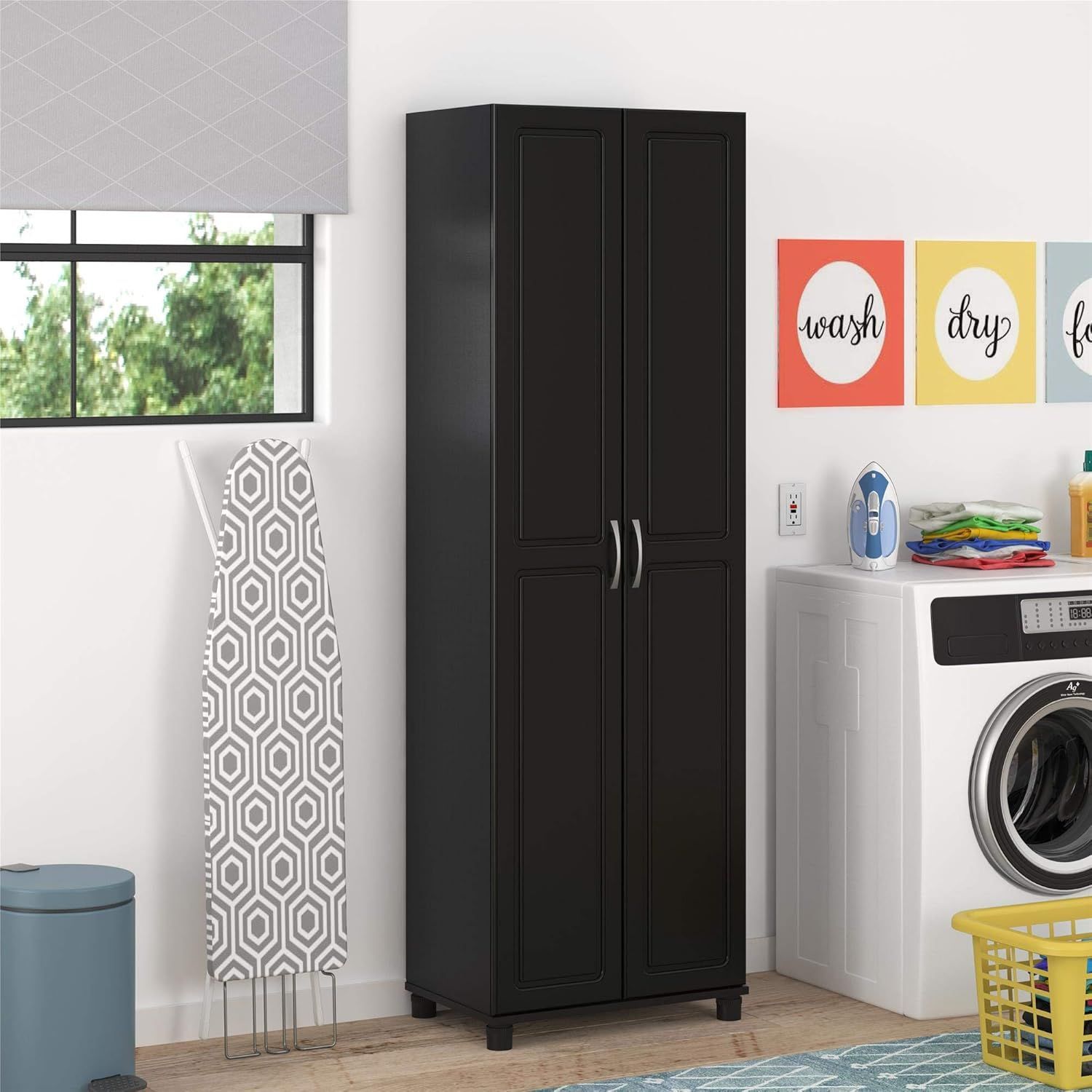 Utility Storage Cabinet Cupboard Storage Shelves Black Wood