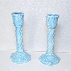Pair Of 6" Light Blue Ceramic Candlestick Holders