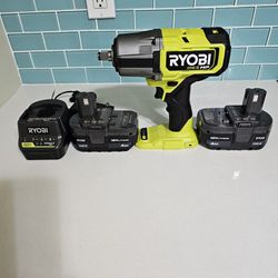 RYOBI ONE + HP 18V 4-MODE 1/2 HIGH TORQUE BATTERIES (2), NEW NEVER USED CHARGER (PBLIW01K1) 1,170 FT-LBS.  SEPARATION TORQUE 