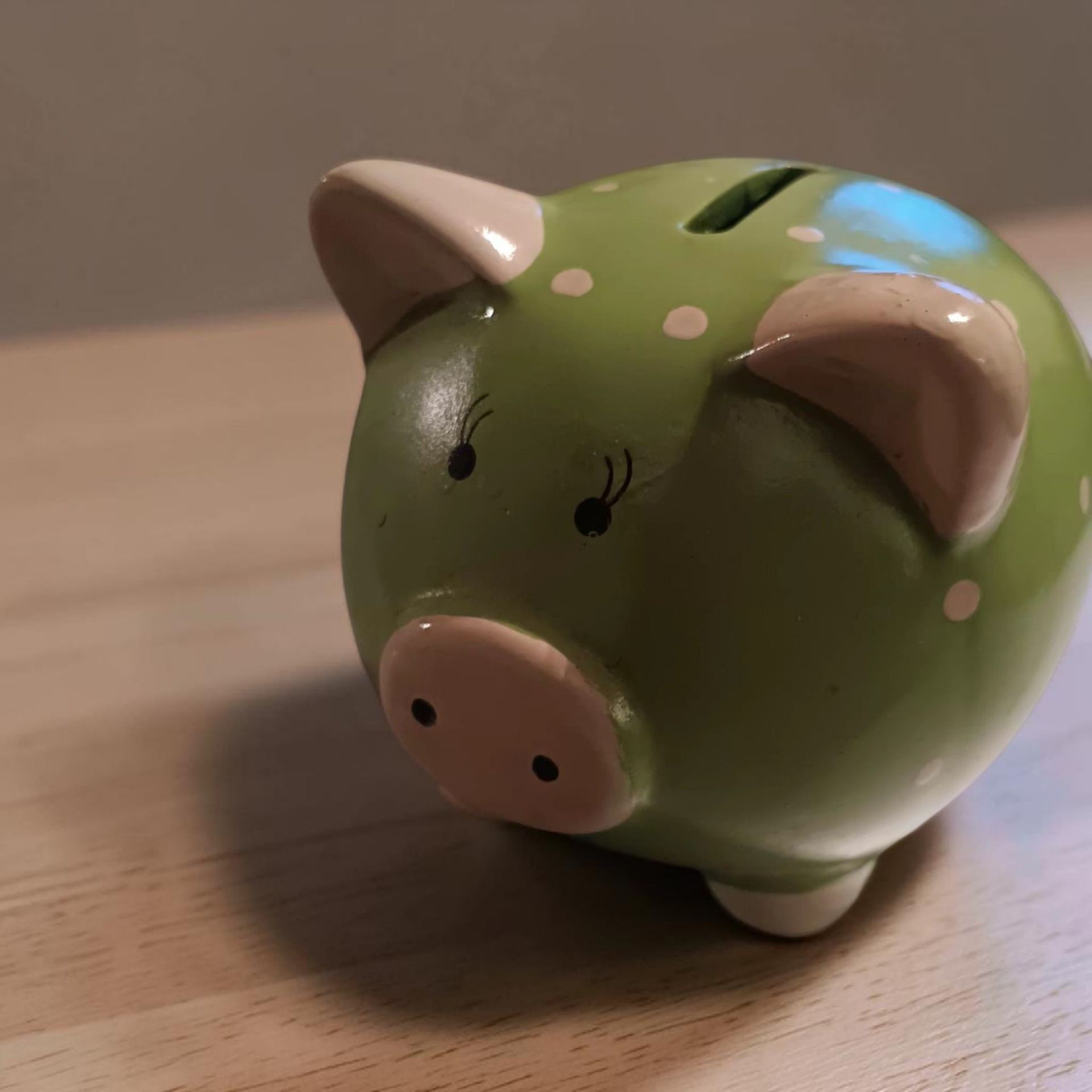 Piggy Bank Ceramic Green with White Polka Dots, with stopper