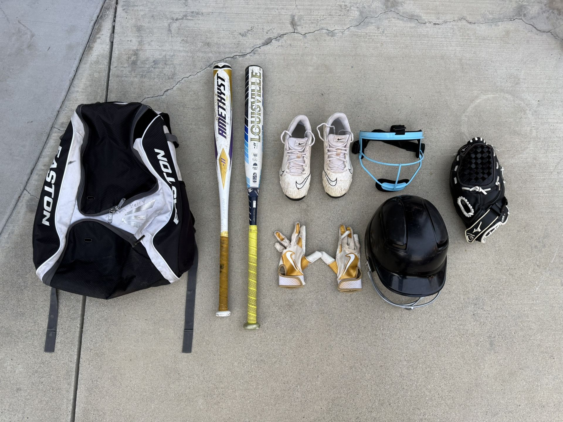 Softball Bats, Glove, Helmet, and Bag
