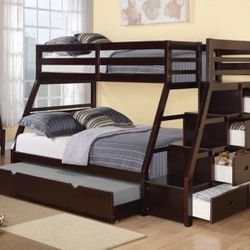 Brown Twin/ Full Bunk Bed w/ Trundle 