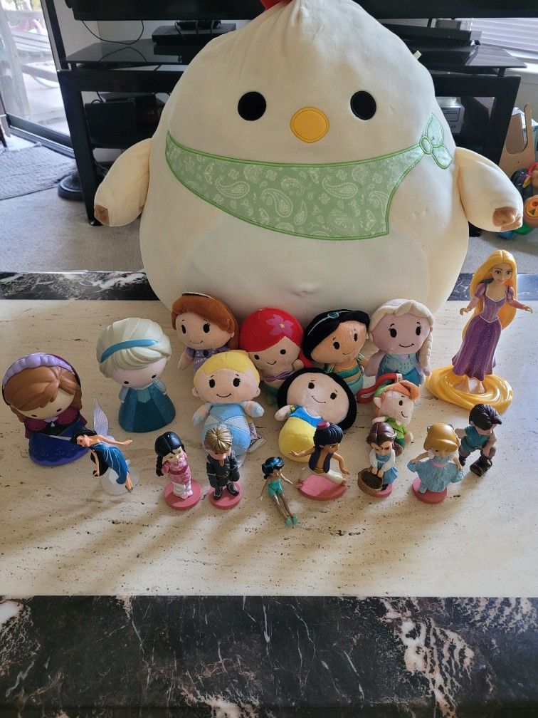 18 Small Disney Characters Toys And Dolls And 17 Inch Squishmallow Plushie