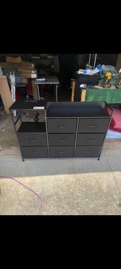 Dresser TV Stand for Bedroom with Charging Station and Open Shelves, Fabric Dresser with 8 Drawers and Wood Top, Wide Storage Chest of Drawers for Liv