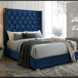 New Blue Upholstered Tall Headboard Bed In Queen 