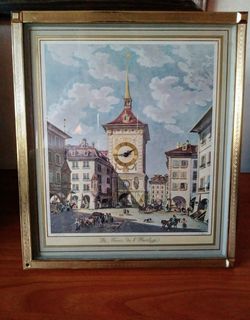Vintage Table clock with painting " La Tour de l' Horloge"