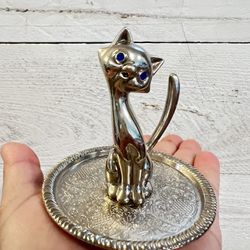 Antique Cat Silver-Plated Vintage Ring Holder Jewelry Display RARE