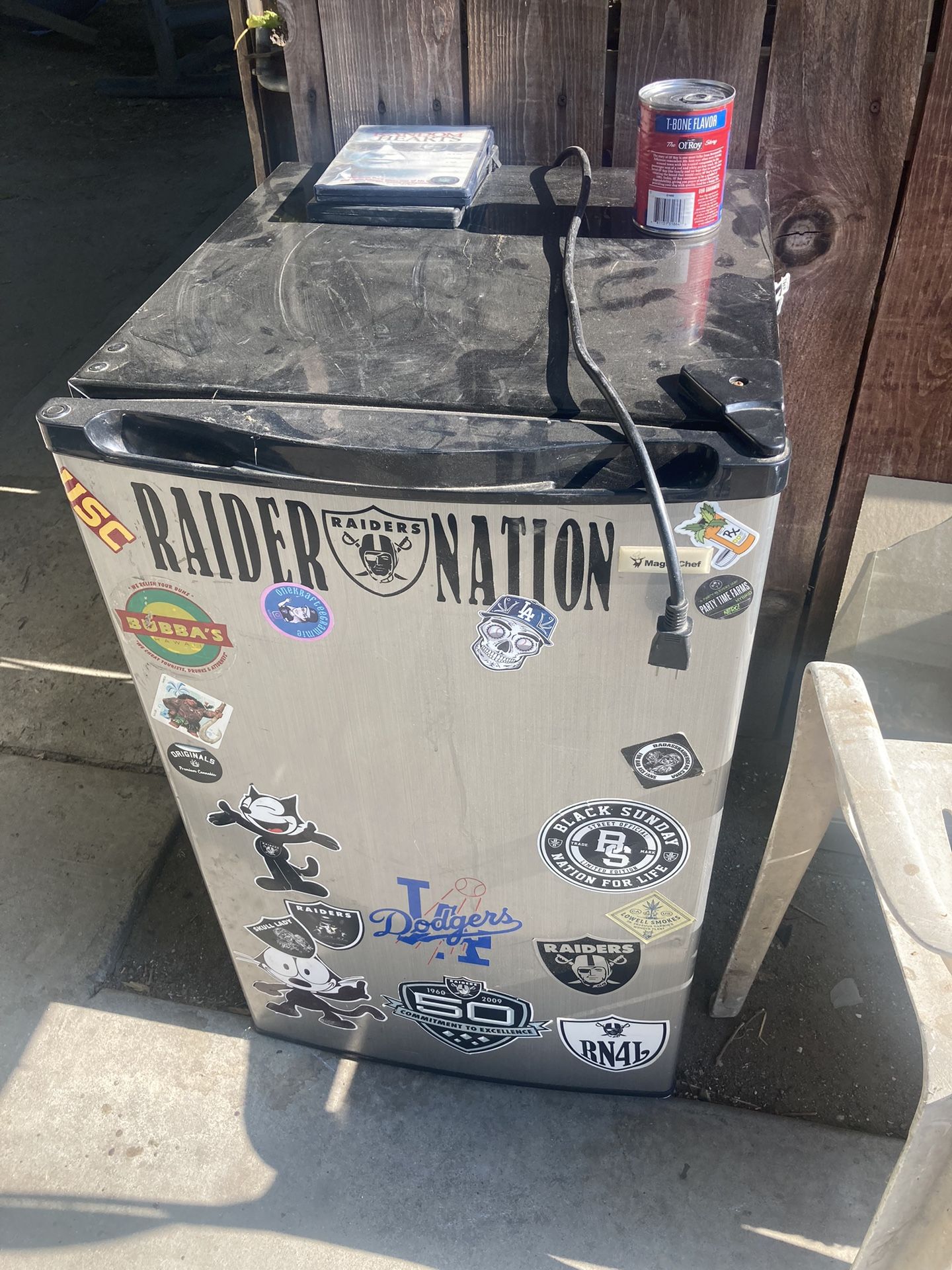 Mini Fridge Refrigerator With Raiders Stickers Needs Repair