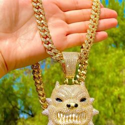 Bulldog Pitbull Angry Dog Silver Pendant Men Iced Charm 12mm Miami Cuban Chain
