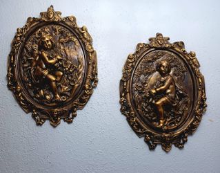 Antique Large Bronze Wall Plaques With Cherubs Details 