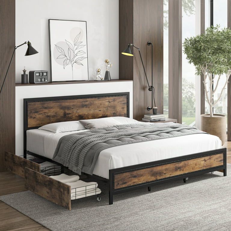 King Size Bed Frame with 4 Storage Drawers, Heavy Duty Metal Platform Bed with Wood Industrial Headboard, Rustic Brown