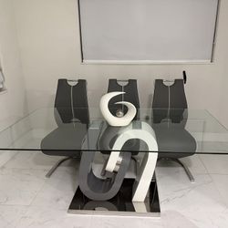 Juego de comedor moderno 6 sillas + mesa de vidrio (gris)  Modern Glass Dining Table Set w/ 6 Uphols