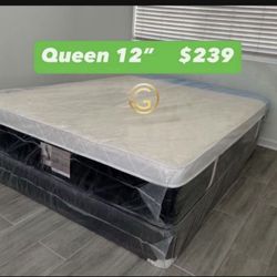 12” Mattress Queen Size Plush Pillowtop With Box Spring // Offer  🚚